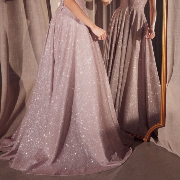 New Evening A-Line Glitter Maxi Dress w/ Pleated Details & Lace Up Back CDT701 - Picture 7 of 10